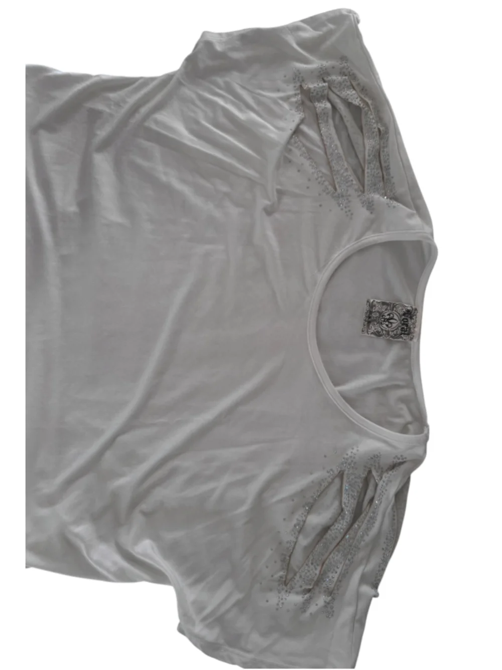 Women's VOCAL White Short Sleeve Tee with Silver Rhinestone Cutouts, Size L